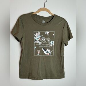 Vans Cropped Crew Neck Short Sleeve Floral Graphic T-Shirt Women’s Size L Green